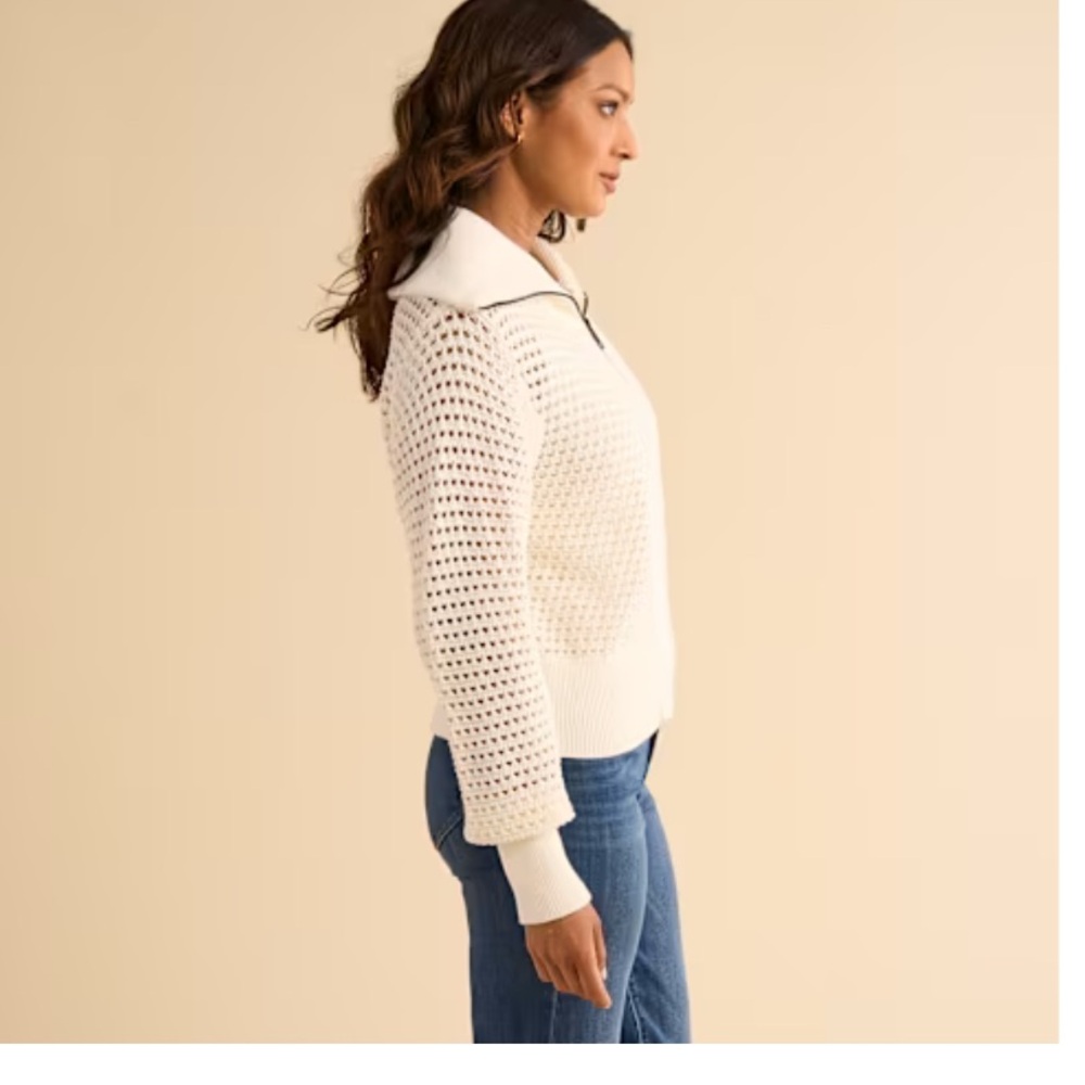 Joie Cream Open Knit Collared Cropped Sweater Medium